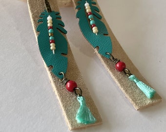 SALE Feather Leather Earrings Shoulder Duster Leather Earrings Dangle Pierced or Clip-on Earring Southwestern Earrings Boho Leather Earrings