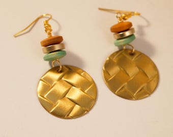 Hand Punched Brass Dangle Earrings with Wooden Beads – Bohemian Style