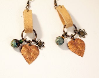 Cha-Cha Leather Earrings Boho Chic Earrings Southwestern Style Dangle Pierced or Clip-on Earrings Brass and Jasper Earrings Leather Jewelry