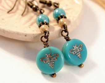 Boho Chic Bee Earrings Czech Bead Dangle Pierced or Clip-on Earrings Victorian Style Earrings Simple Everyday Jewelry