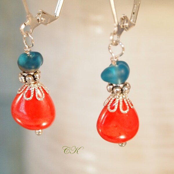 SALE Elegant Drop Earrings Blue and Red Earrings Petite Dangle Pierced or Clip-on Earrings Gift for Her Everyday Earrings Handmade Earrings