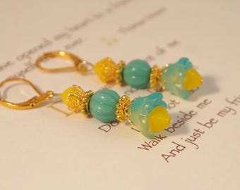 Czech Glass Flower Earrings Turquoise and Yellow Dangle Pierced or Clip-on Earrings Boho Chic Floral Earrings Czech Glass Flower Earrings