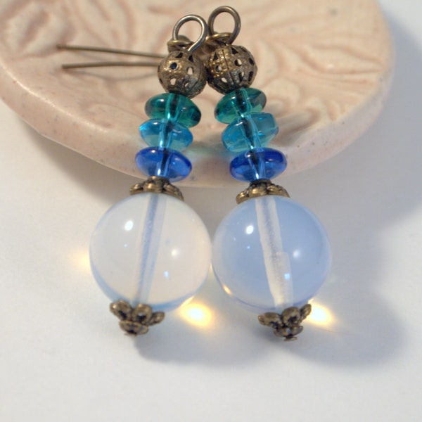 Moonstone Bead Earrings Victorian Style Dangle Pierced or Clip-on Earrings Blue Green Earrings  Boho Chic Earrings