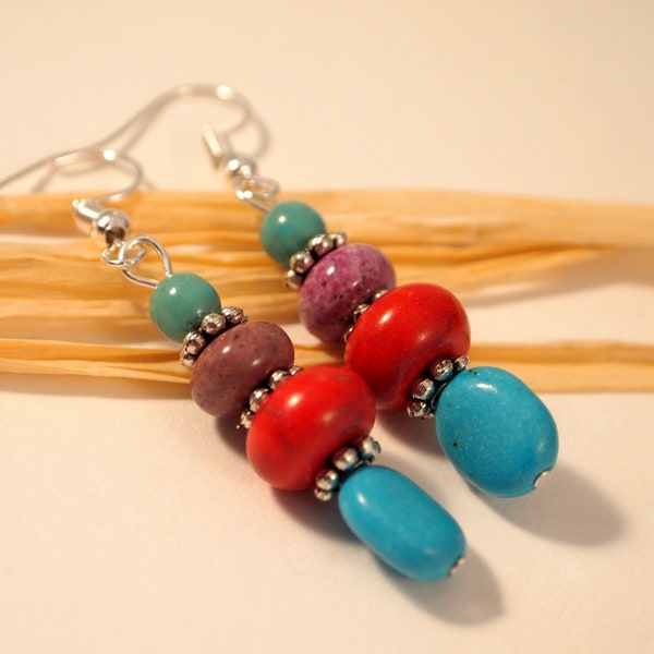 Colorful Howlite Drop Earrings Pierced or Clip-on Earrings Everyday Jewelry Howlite Turquoise Jewelry Natural Stone Earrings