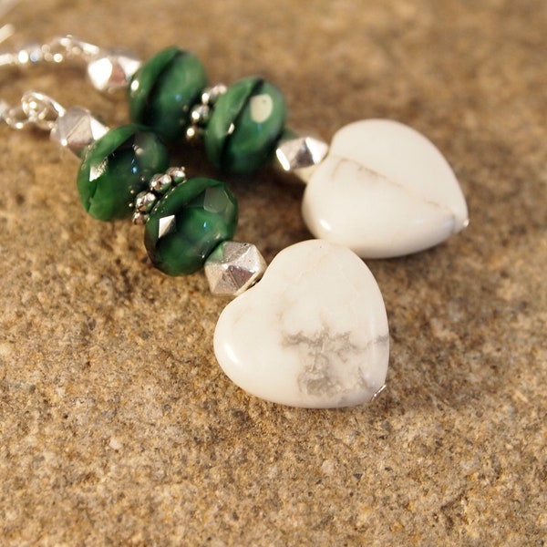 SALE Howlite Heart Earrings Green Drop Pierced or Clip-on Earrings Heart Jewelry Howlite Turquoise Jewelry