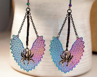 Rainbow Electroplate Spider Dangle Earrings, Gothic Halloween Jewelry (3 3/8" Long)