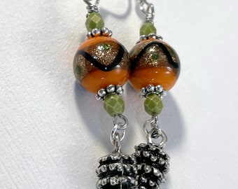 Handmade Boho Pinecone Dangle Earrings: Lampwork Glass, Czech Beads, Silver Tone (2.75" Long)