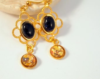 Fire Opal and Garnet Victorian Style Earrings Gold Filigree Dangle Pierced or Clip-on Earrings Handmade Earrings  Gift for Her