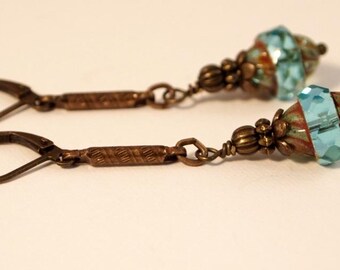 Boho Teal Czech Glass Dangle Earrings, Victorian Style