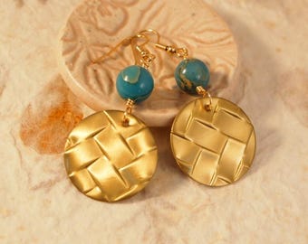 Brass Hand Punched Earrings Jasper Bead Earrings Bohemian Jewelry Dangle Pierced or Clip-on Earrings Gold Everyday Earrings