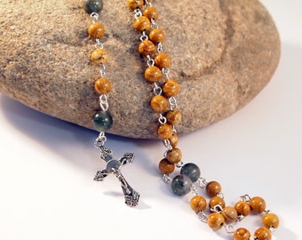 Handmade Turquoise Jasper Rosary: 8mm Howlite, 6mm Jasper Gemstones, Silver Crucifix