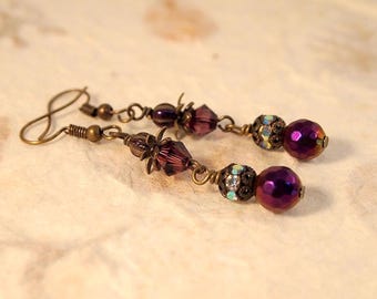 Purple Victorian Brass Earrings  Czech Glass Pierced or Clip-on Earrings
