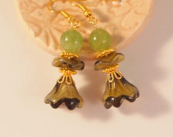 Vintage Czech Glass Bead Earrings Jade Drop Pierced or Clip-on Earrings Czech Glass Jewelry Gold Tone
