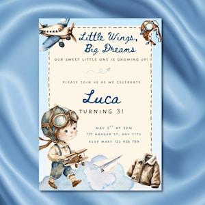 May include: A watercolour invitation with a light blue background and a vintage airplane theme. The text reads "Little Wings, Big Dreams" and invites guests to celebrate Luca's 3rd birthday. Includes an illustration of a child in a pilot's outfit.