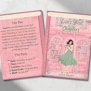 Op de afbeelding: Een roze verjaardagsuitnodiging in boekvorm. De omslag luidt "Life's Best Chapters, The Birthday Edition". De uitnodiging bevat de datum, tijd, locatie, dresscode en RSVP-informatie. De illustratie toont een vrouw in een groene jurk.