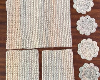 Crochet Kitchen Gift Set | 8x8 Dishcloths, 12x16 Towel, 5” Coasters | Farmhouse Decor