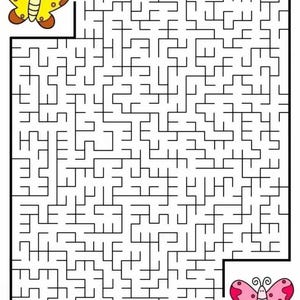 Może przedstawiać: Czarno-biała łamigłówka labiryntu ze żółto-brązowym motylem po lewej stronie i różowym motylem po prawej stronie. Labirynt to złożona sieć ścieżek i ślepych zaułków, przeznaczona do rozwiązywania problemów i rozrywki.