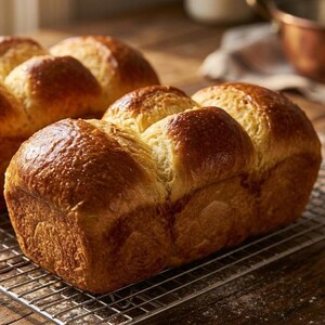 Puede incluir: Dos panes tipo brioche de color marrón dorado con una corteza brillante y glaseada y una textura interior suave y aireada. Los panes tienen forma rectangular con segmentos redondeados distintos en la parte superior, sobre una rejilla.