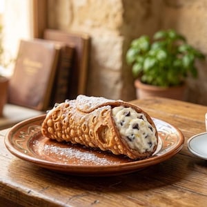 May include: A golden-brown, cylindrical cannoli pastry shell with a bubbly, fried texture, filled with a creamy white ricotta-based filling studded with dark chocolate chips and lightly dusted with powdered sugar on a rustic brown ceramic plate.