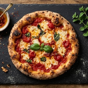 May include: A round pizza with a charred, bubbly crust topped with red tomato sauce, melted white mozzarella cheese, and fresh green basil leaves. The pizza is served on a dark, textured rectangular slate board with a small bowl of chilli oil.