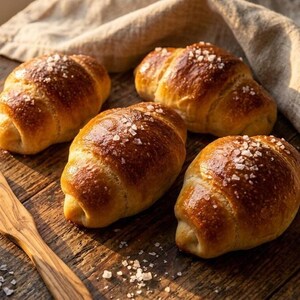 May include: Four golden-brown, crescent-shaped bread rolls topped with coarse sea salt crystals. The rolls have a shiny, baked crust and are arranged on a dark, textured wooden surface next to a wooden knife handle.