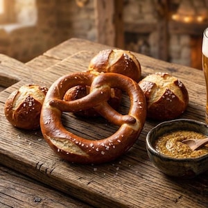 May include: A golden-brown salted pretzel positioned amongst several round bread rolls, accompanied by a small dark ceramic bowl containing coarse-grained mustard and a wooden spoon, all set upon a rustic wooden surface.