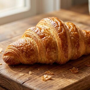 Puede incluir: Un croissant de color marrón dorado y hojaldrado con capas visibles de masa laminada. El pastel tiene una forma curva de media luna con un exterior crujiente y tostado, y un acabado ligeramente más oscuro y caramelizado en los pliegues.