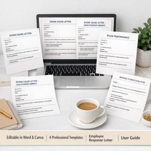 May include: A laptop displays a "Show Cause Letter" template, surrounded by printed versions and a coffee cup. The image includes text: "Editable in Word & Canva," "4 Professional Templates," and "Employee Response Letter."