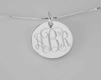 Monogram Necklace Custom Engraved Sterling Silver 1 Inch Round Personalized  - Hand Engraved