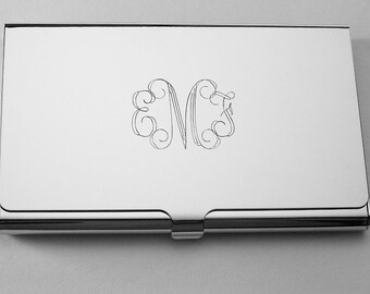 PERSONALIZED HIGH POLISHED SILVER BUSINESS CARD HOLDER /& PEN SET CUSTOM ENGRAVED