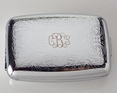 Custom Engraved Pill Box Personalized Scroll Design Silver Two Roomy Compartments -Hand Engraved