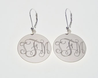 Engraved Monogram Earrings Personalized Sterling Silver One Inch Round Lever Back - Hand Engraved