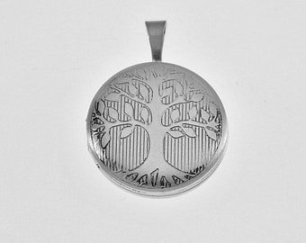 Engraved Sterling Silver Round Locket Tree of Life Design Personalized Hand Engraved