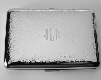 Custom Engraved Personalized Kings Cigarette Case or Business Card Case Double Sided Scroll Design  -Hand Engraved