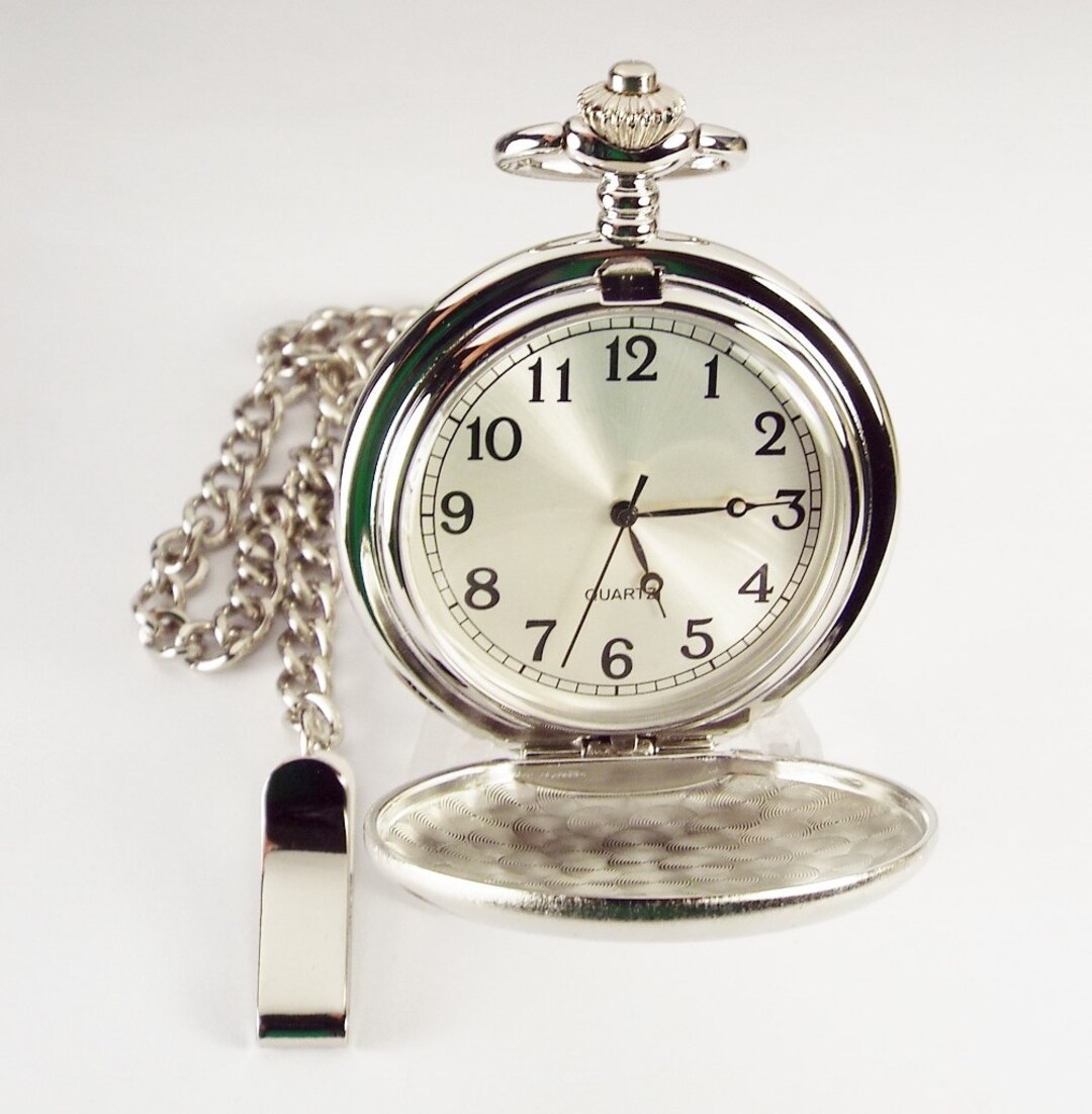 Personalized Pocket Watch Custom Engraved Silver Satin Finish Quartz