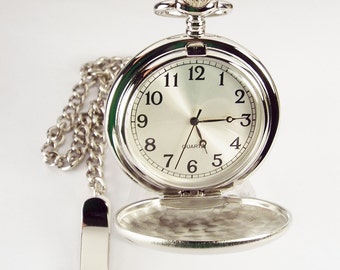 Personalized Pocket Watch Custom Engraved Silver Satin Finish Quartz Pocket Watch with Ivory Dial - Hand Engraved