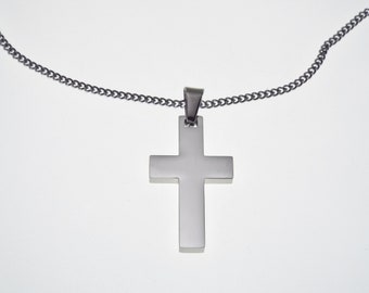 Personalized Custom Engraved Solid Stainless Steel Cross on Stainless Steel Curb Chain - Hand Engraved