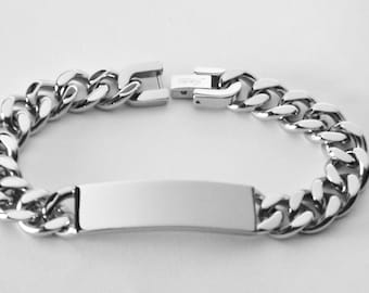 Personalized ID Bracelet Custom Engraved 8.5 Inch Solid Stainless Steel Designer ID Bracelet  - Hand Engraved