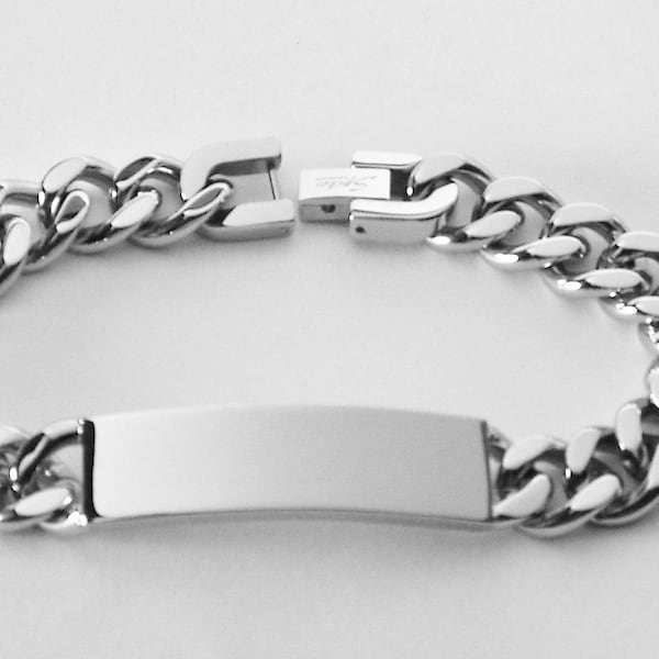 Personalized ID Bracelet Custom Engraved 8.5 Inch Solid Stainless Steel Designer ID Bracelet  - Hand Engraved