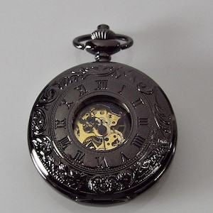 Pocket Watch Custom Engraved Black Finish Roman Numeral Cover Personalized Mechanical Double Dust Cover Wind Up - Hand Engraved