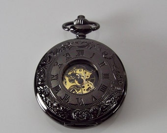 Pocket Watch Custom Engraved Black Finish Roman Numeral Cover Personalized Mechanical Double Dust Cover Wind Up - Hand Engraved