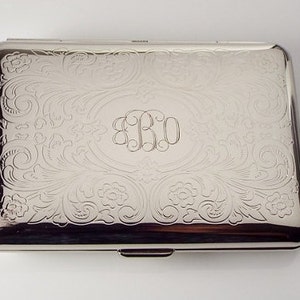 Custom Engraved Personalized Business Card Case or Kings Cigarette Case Double Sided Scroll Design  -Hand Engraved