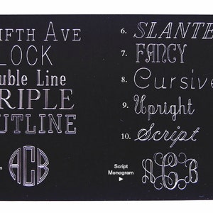 May include: A black and white image displaying various monogram styles. The styles are labelled with numbers and names, such as "Fifth Ave", "Block", "Double Line", "Triple", "Outline", "Slanted", "Fancy", "Cursive", "Upright", and "Script". The image also shows two examples of monograms, one in a round style and one in a script style.