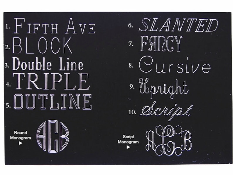 May include: A black and white image displaying various monogram styles. The styles are labelled with numbers and names, such as "Fifth Ave", "Block", "Double Line", "Triple", "Outline", "Slanted", "Fancy", "Cursive", "Upright", and "Script". The image also shows two examples of monograms, one in a round style and one in a script style.