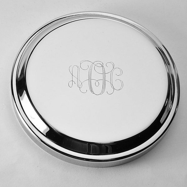 Custom Engraved Jewelry Box High Polish Round Silver Trinket Box - Hand Engraved