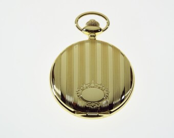 Pocket Watch Personalized Goldtone Quartz Watch with Vertical Stripes and Oval Crest - Hand Engraved