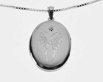 Personalized Sterling Silver Locket Custom Engraved Oval Angel Wings with Diamond Accent Memory Keeper - Hand Engraved