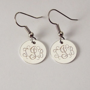 Custom Engraved Personalized Silver Plated Round Monogram Earrings - Hand Engraved