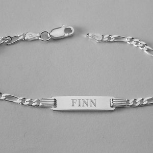 Custom Engraved Sterling Silver Childs ID Bracelet with Figaro Style Chain 6 Inch Length - Hand Engraved