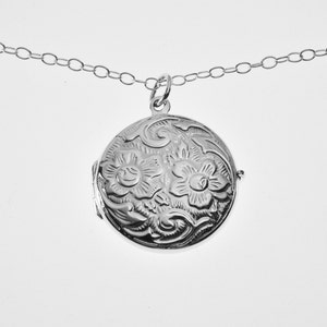 Engraved Sterling Silver Round Floral Design Locket One Inch on 18 inch Sterling Silver Chain Hand Engraved